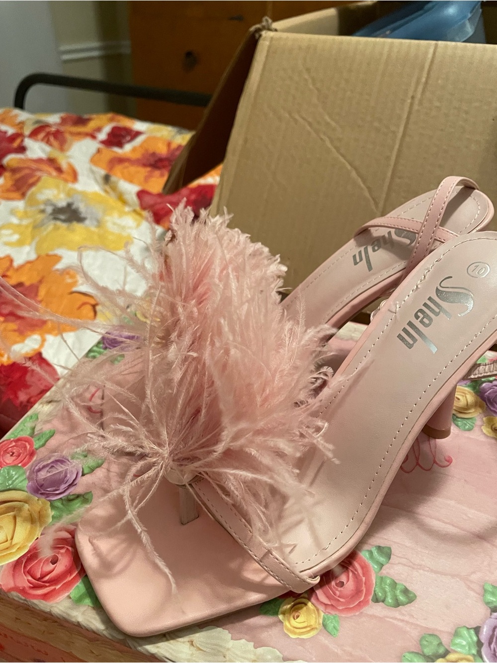 Shein Pink Feather Slingback Heels for Women